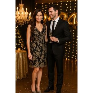 Whimsigoth Holiday Party Dance Romantic Wedding Black Gold Floral Lace S Dress